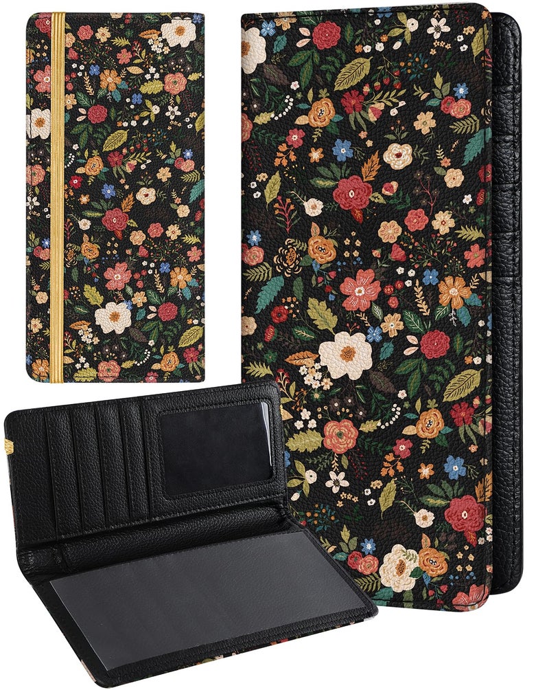 Slohif Checkbook Cover for Personal Duplicate Checks - Women Check Book Wallet Holder Black Flowers Top Side Tear - Image 1