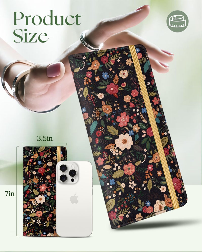Slohif Checkbook Cover for Personal Duplicate Checks - Women Check Book Wallet Holder Black Flowers Top Side Tear - Image 2