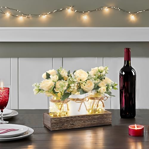 Mkono Mason Jar Lights Centerpiece Table Decor for Dining Room Farmhouse Wood Tray with 3 Jars Flowers Fall Decoration for Coffee Table Kitchen Living Room Wedding - Image 4