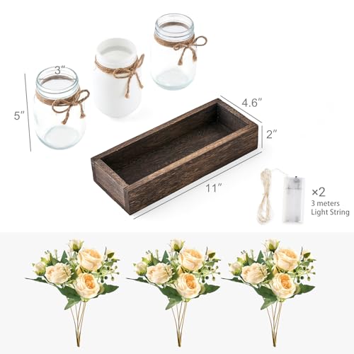 Mkono Mason Jar Lights Centerpiece Table Decor for Dining Room Farmhouse Wood Tray with 3 Jars Flowers Fall Decoration for Coffee Table Kitchen Living Room Wedding - Image 5