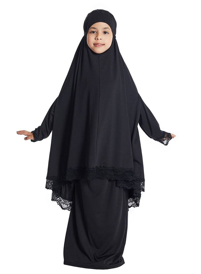إسكدنيا Girl's 2-Piece Clothing Set Batwing Sleeve Hooded top Abaya and half skirt Dress Black  - Image 1