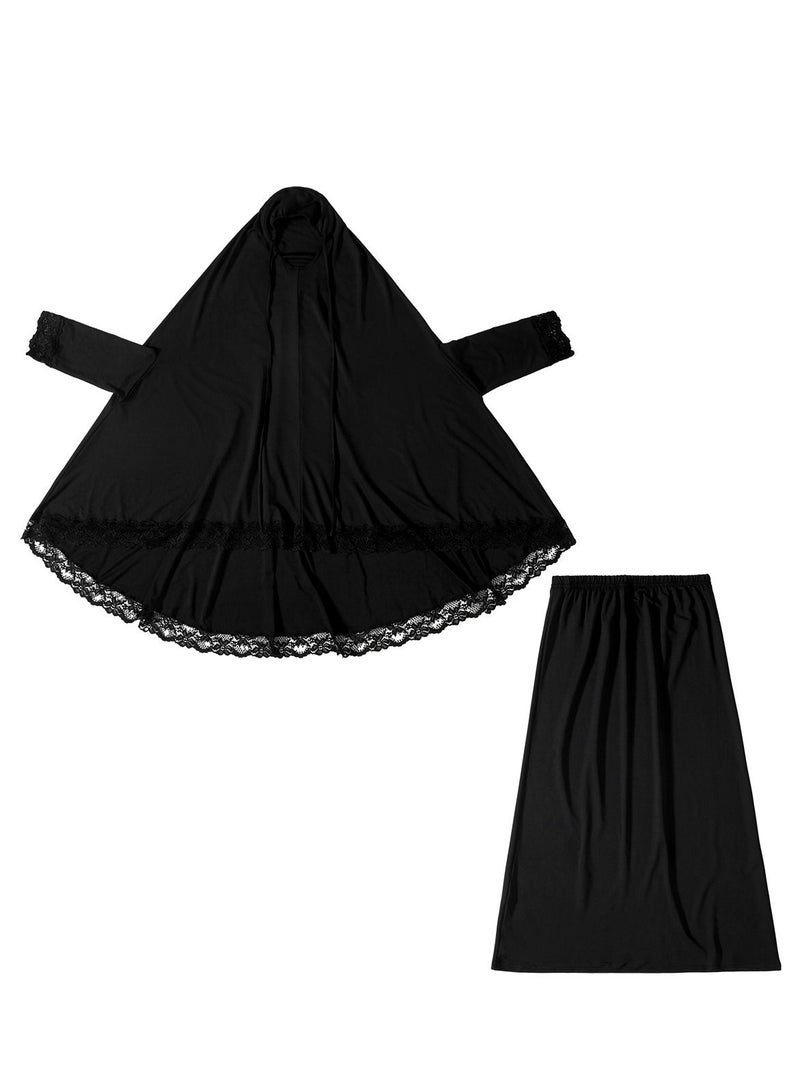 إسكدنيا Girl's 2-Piece Clothing Set Batwing Sleeve Hooded top Abaya and half skirt Dress Black  - Image 3