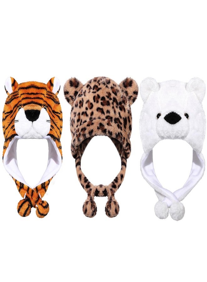 Cotwinter 3 Pcs Cute Plush Animal Hat Soft Warm Hat with Ear Flap for Winter Plush Cap for Ski Winter(Polar Bear, Tiger, Leopard) - Image 1
