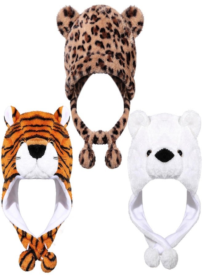 Cotwinter 3 Pcs Cute Plush Animal Hat Soft Warm Hat with Ear Flap for Winter Plush Cap for Ski Winter(Polar Bear, Tiger, Leopard) - Image 2