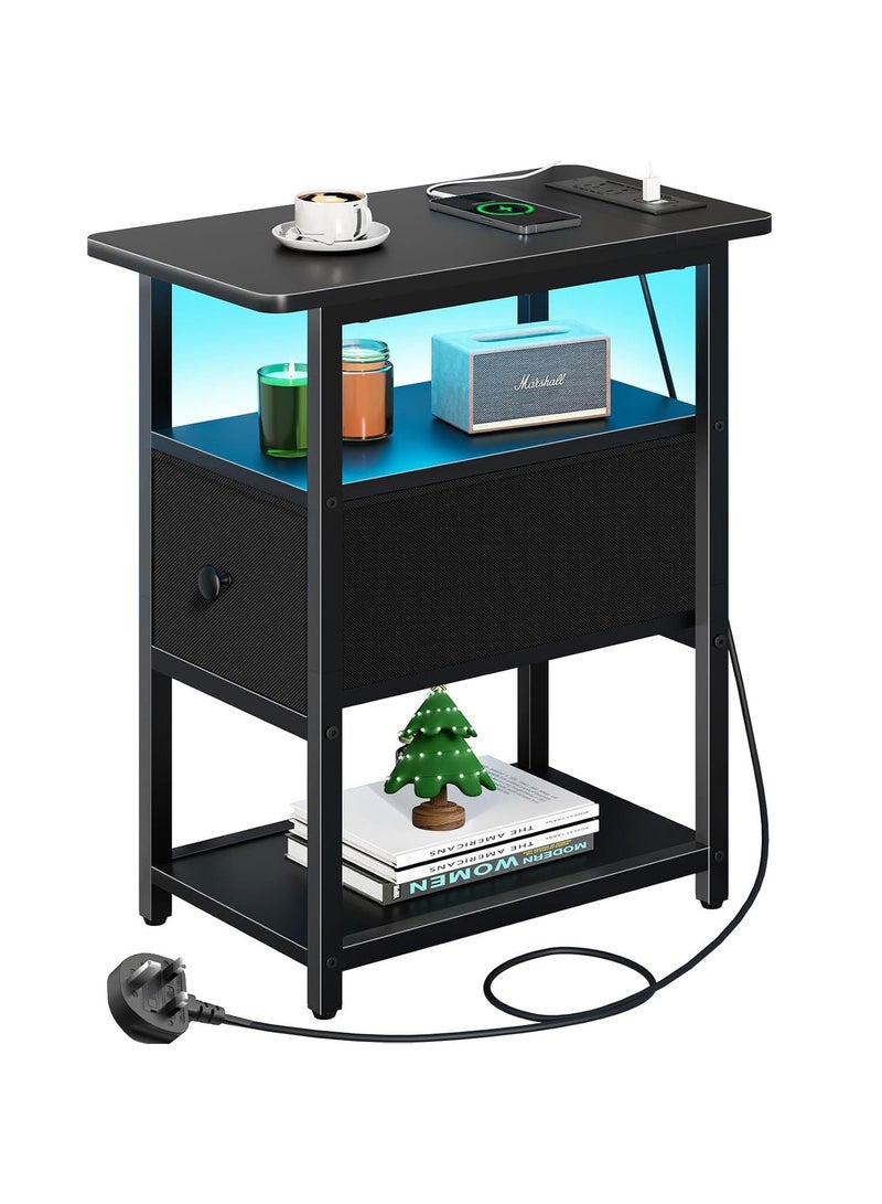 يانارا طاولة جانبية ضيقة مع إضاءة LED ومحطة شحن، طاولة نهاية بثلاثة رفوف مع درج قماشي قابل للتعديل، طاولة سرير صغيرة مع مخرج كهربائي لغرف النوم والصالات، مثالية للمساحات الصغيرة. - Image 1