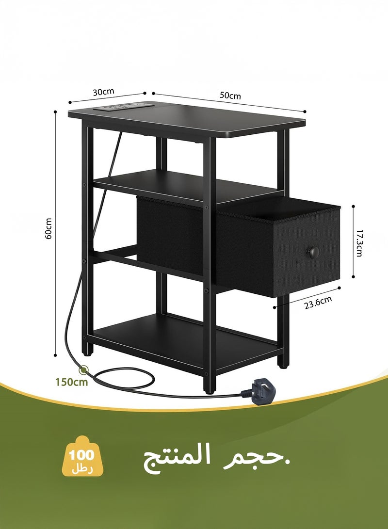 يانارا طاولة جانبية ضيقة مع إضاءة LED ومحطة شحن، طاولة نهاية بثلاثة رفوف مع درج قماشي قابل للتعديل، طاولة سرير صغيرة مع مخرج كهربائي لغرف النوم والصالات، مثالية للمساحات الصغيرة. - Image 3