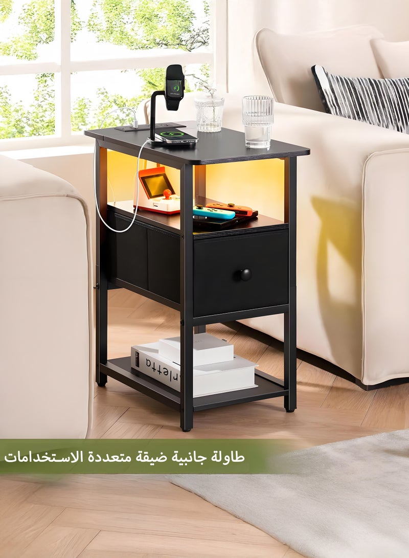 يانارا طاولة جانبية ضيقة مع إضاءة LED ومحطة شحن، طاولة نهاية بثلاثة رفوف مع درج قماشي قابل للتعديل، طاولة سرير صغيرة مع مخرج كهربائي لغرف النوم والصالات، مثالية للمساحات الصغيرة. - Image 4