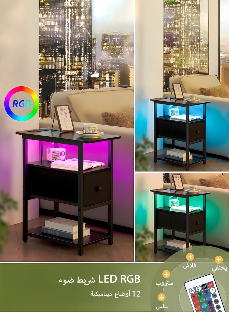 يانارا طاولة جانبية ضيقة مع إضاءة LED ومحطة شحن، طاولة نهاية بثلاثة رفوف مع درج قماشي قابل للتعديل، طاولة سرير صغيرة مع مخرج كهربائي لغرف النوم والصالات، مثالية للمساحات الصغيرة. - Image 5