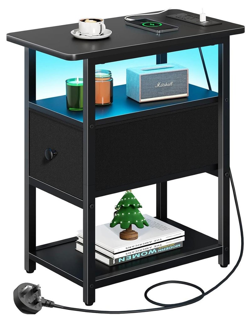 يانارا طاولة جانبية ضيقة مع إضاءة LED ومحطة شحن، طاولة نهاية بثلاثة رفوف مع درج قماشي قابل للتعديل، طاولة سرير صغيرة مع مخرج كهربائي لغرف النوم والصالات، مثالية للمساحات الصغيرة. - Image 1