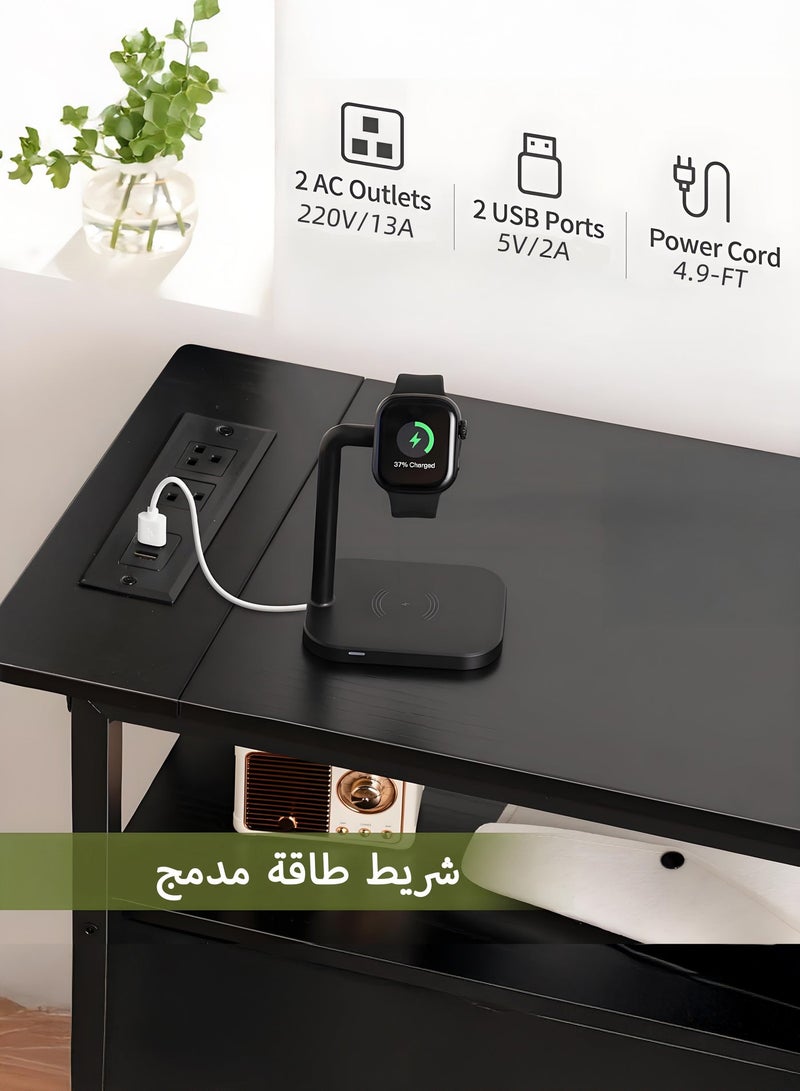 يانارا طاولة جانبية ضيقة مع إضاءة LED ومحطة شحن، طاولة نهاية بثلاثة رفوف مع درج قماشي قابل للتعديل، طاولة سرير صغيرة مع مخرج كهربائي لغرف النوم والصالات، مثالية للمساحات الصغيرة - Image 5