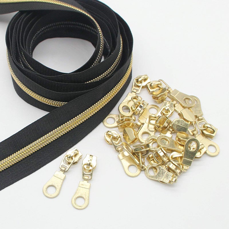 Leekayer 5 Gold Metallic Nylon Coil Zippers by The Yard Bulk 10 Yards Black Tape with 25pcs Gold Sliders for DIY Sewing Tailor Craft BagBlack