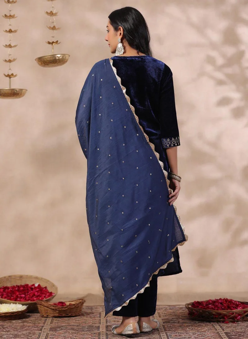 آي شين Women's Navy Velvet Embellished Tunic Full Length Casual Straight Fit Kurta Set