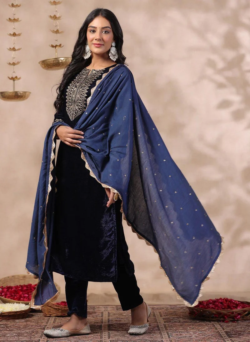 آي شين Women's Navy Velvet Embellished Tunic Full Length Casual Straight Fit Kurta Set
