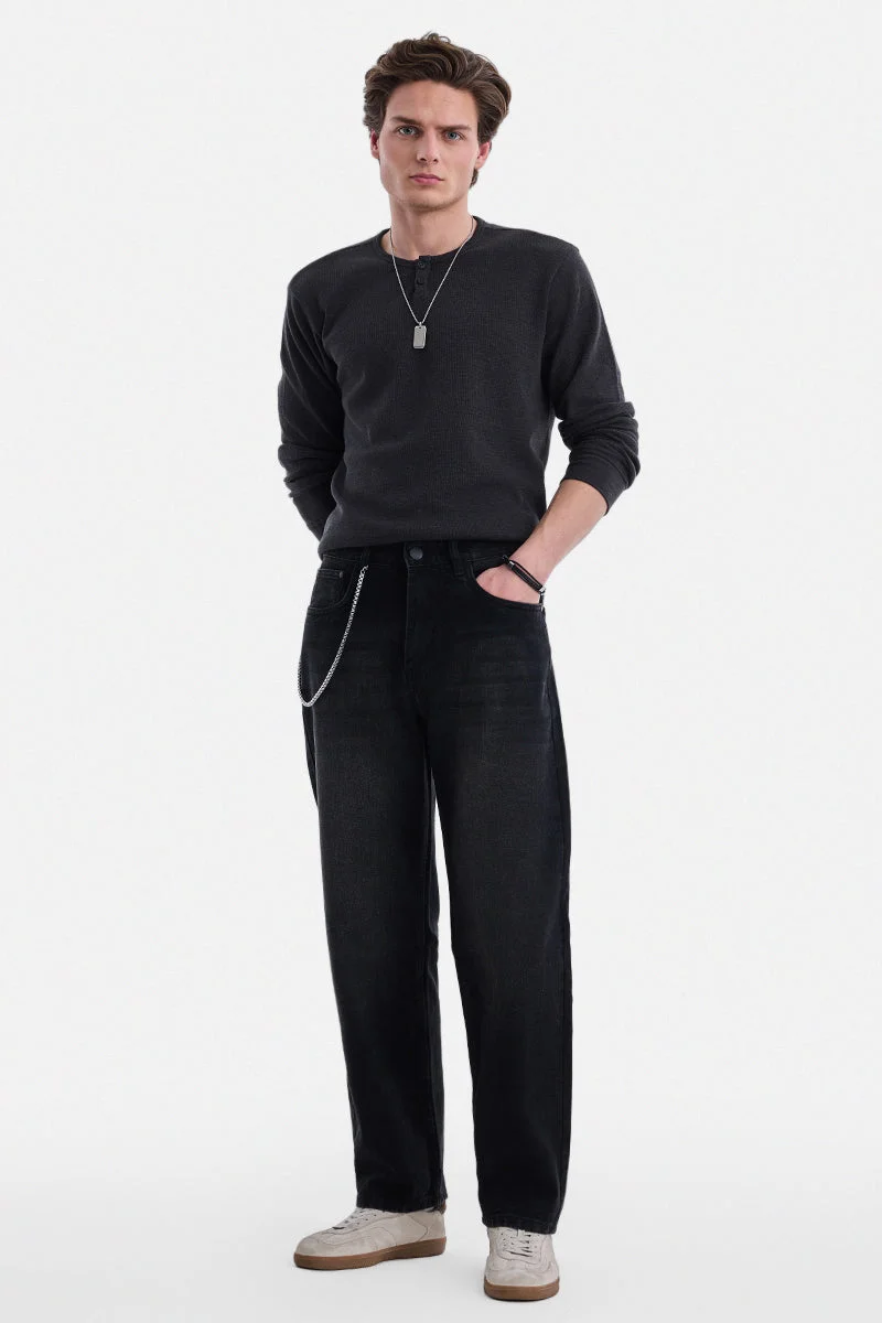 سنيتش Black Solid Wide Leg Streetwear Jeans