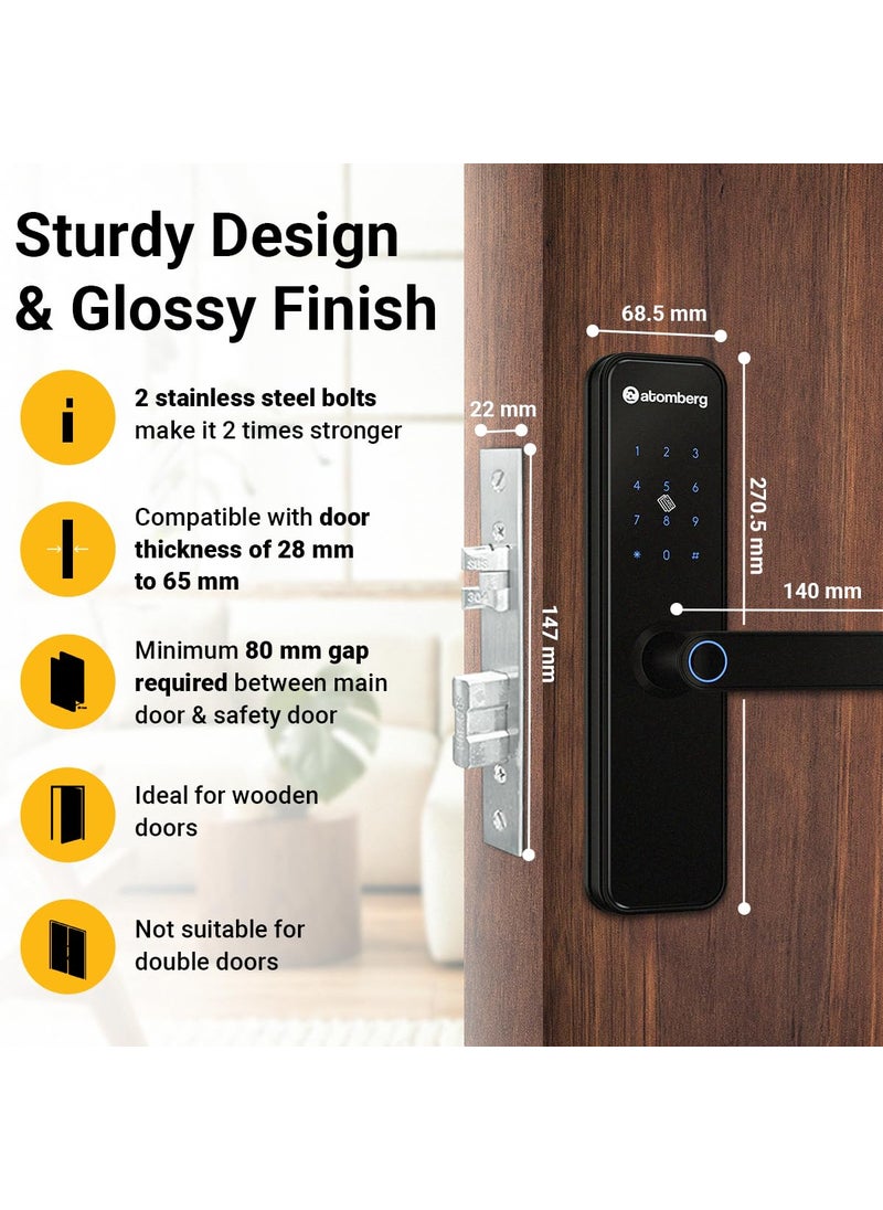 atomberg Atomberg Azhero Smart Door Lock 6 Ways Unlocking Fingerprint PIN Remote OTP NFC Card Atomberg App Data Stored in India Key 2 Stainless Steel Bolt 2 Year Warranty Black  - Image 5