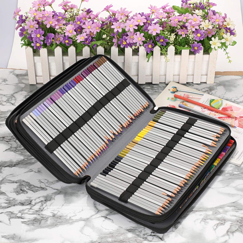 BTSKY 300 Slots Colored Pencil Organizer - Deluxe PU Leather Pencil Case Holder with Handle Strap Pencil Box Large for Colored Pencils Watercolor Pencils Black - Image 3