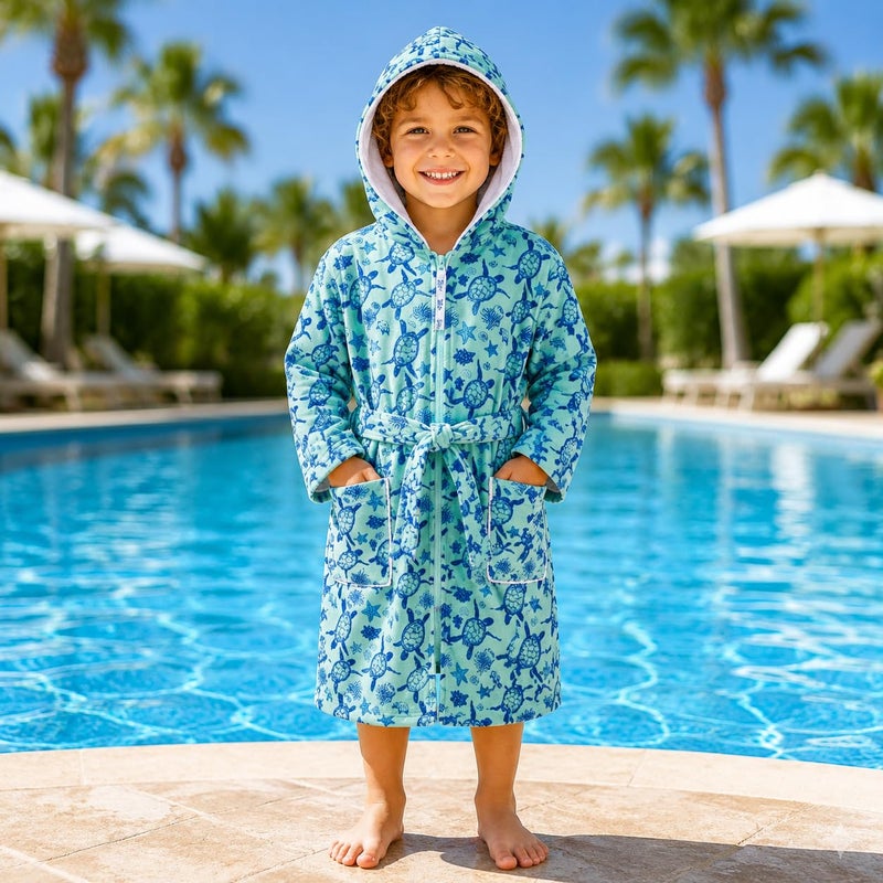 Miami Kids Hooded Zip Up Swimming Robe, Turtle Print, with Belt and Pockets (Mint, 10) - Image 2