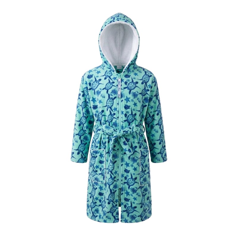 Miami Kids Hooded Zip Up Swimming Robe, Turtle Print, with Belt and Pockets (Mint, 10) - Image 1