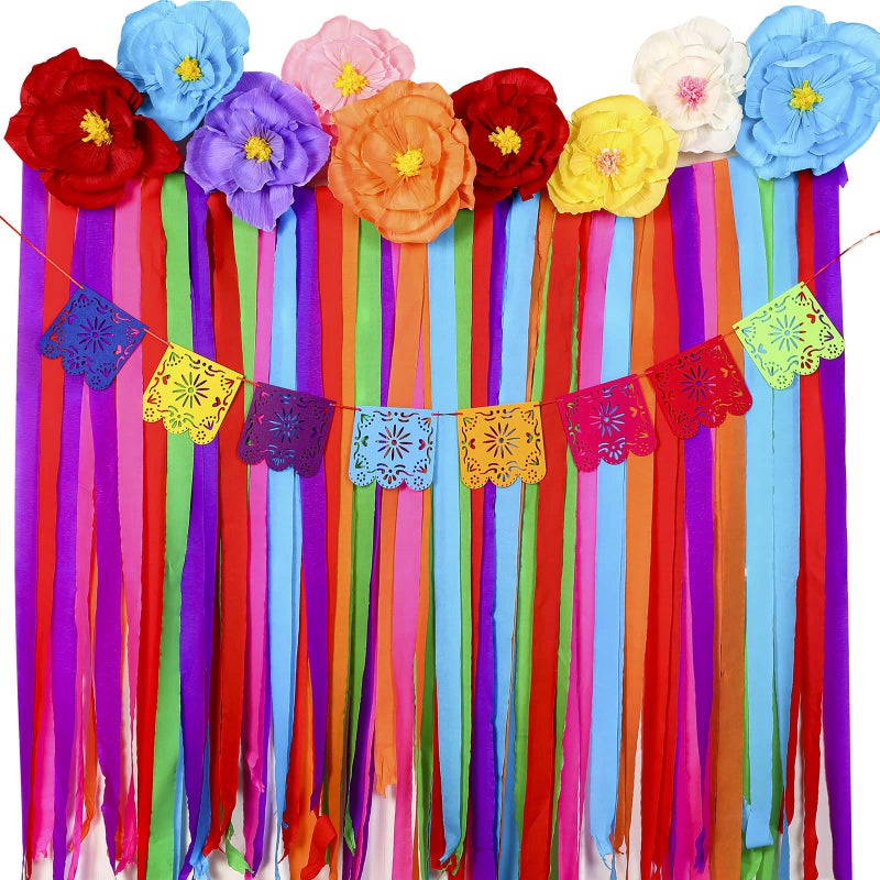TaoBary 16 Pcs Mexican Paper Flowers Mexican Party Decorations Streamer Backdrop and Papel Picado Banner Mexico Fiesta Party Decorations Supplies Set for Cinco De Mayo Party WeddingClassic Style