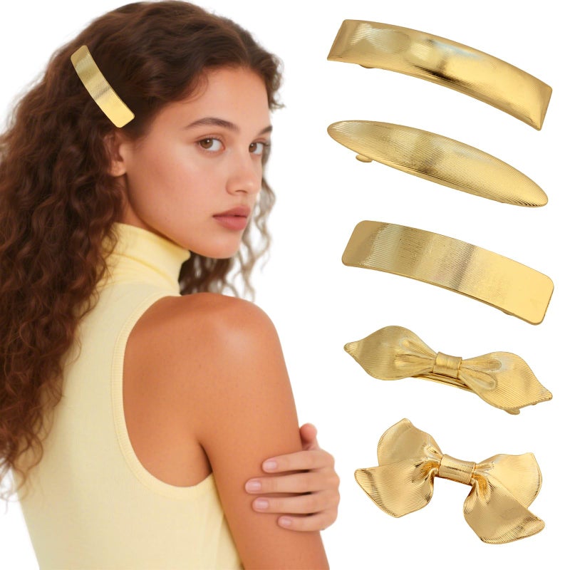 Snmzlc 5 Pcs Hair Barrettes for Women,Barrettes for Fine Thin Thick Hair,Metal horizontal stripes French Barrette Clips Hair Accessories for Women & Girls(Gold) US332 (Gold Fine horizontal stripes) - Image 1