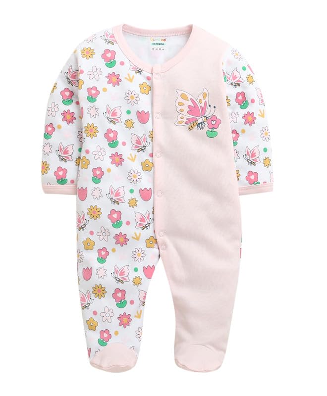 BUMZEE Girls Cotton Full Sleeves Sleepsuit Pink & White - 6-9 Months (Peb10920D-pnk) - Image 1
