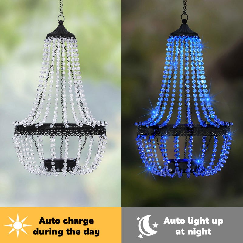 SUNNYPARK Hanging Solar Lantern Outdoor, 28â€ Modern Clear Crystal Acrylic Chandelier with 30 Warm White Lights S Hook for Garden, Yard, Patio, Gazebo Decorations - Image 4