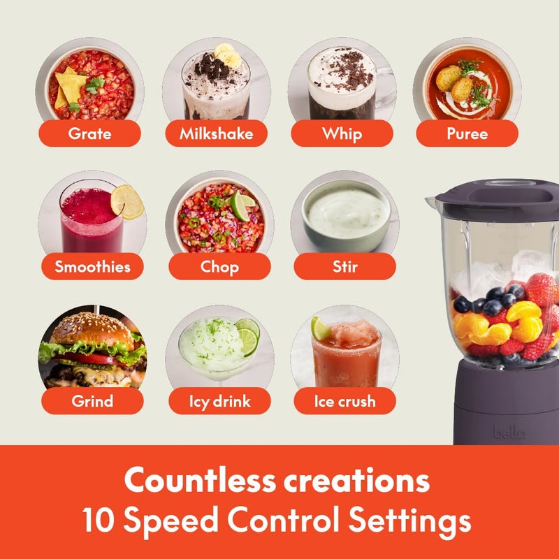 bella 10 Speed Countertop Blender, Juicer & Smoothie Maker, Fits-anywhereâ„¢ Kitchenware, Slim Flip & Store Design, Dishwasher Safe 48oz Capacity Pitcher & Lid, Stainless Steel Blade, 450 Watt, Plum - Image 4
