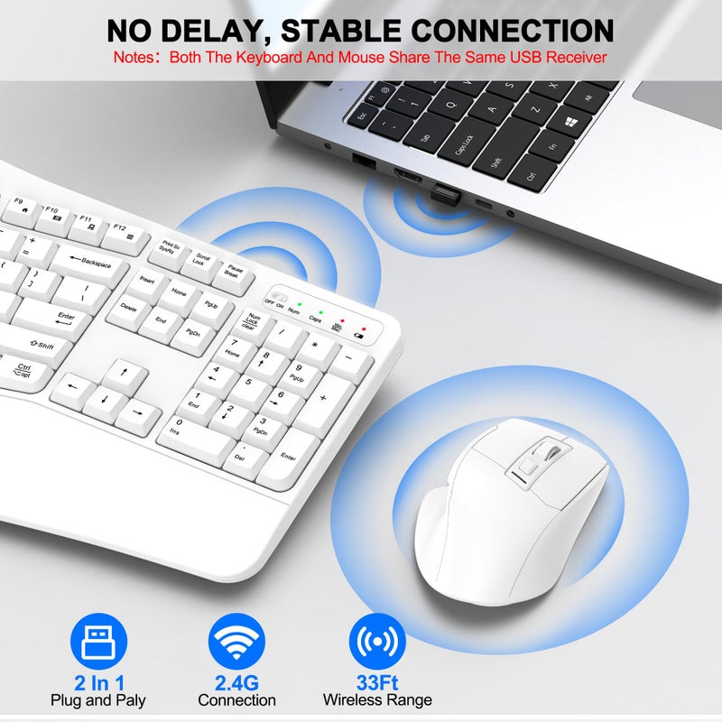 ULSOU Wireless Keyboard and Mouse Combo, 2.4G Full Size Wave Keys Ergonomic Keyboard with Wrist Rest and 3-Level DPI Adjustable Wireless Ergonomic Mouse for Windows, Mac OS Desktop/Laptop/PC(White) - Image 5