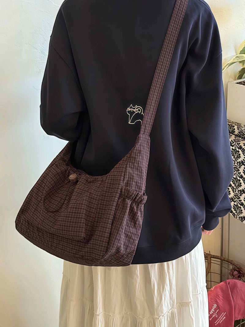 Winatehr Plaid Purse Crossbody Bags, Nylon Slouchy Hobo Crossbody Bag, Cute Messenger Bag for Women, Brown Crescent Crossbody Purse, Trendy Everyday Fall Purse for Aesthetic - Image 3