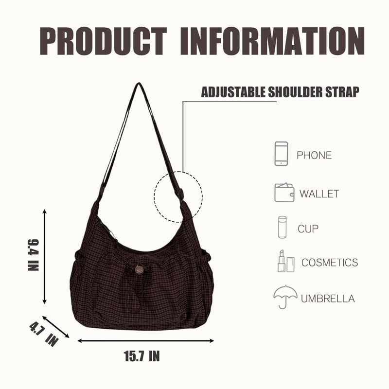 Winatehr Plaid Purse Crossbody Bags, Nylon Slouchy Hobo Crossbody Bag, Cute Messenger Bag for Women, Brown Crescent Crossbody Purse, Trendy Everyday Fall Purse for Aesthetic - Image 4