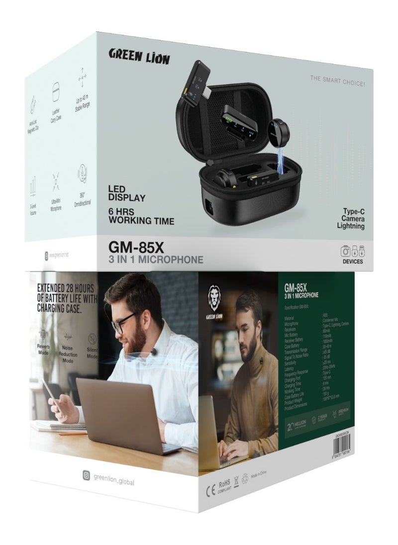 GREEN LION - 3 In 1 Microphone GM-85X / LED Display / Noise Reduction Mode / Includes: Type-C, Camera, Lightning Receiver/ 360° Omnidirectional / 3-Level Volume / Ultra-Mini Microphone - Black - Image 1