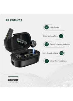 GREEN LION 3 In 1 Microphone GM-85X / LED Display / Noise Reduction Mode / Includes: Type-C, Camera, Lightning Receiver/ 360° Omnidirectional / 3-Level Volume / Ultra-Mini Microphone - Black  - Image 2
