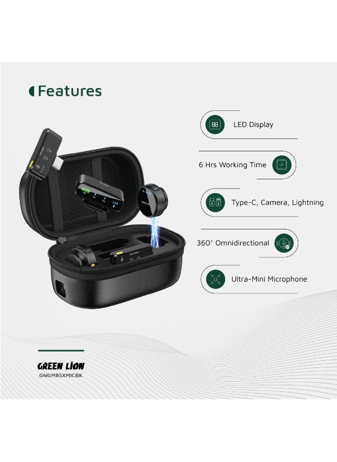 GREEN LION - 3 In 1 Microphone GM-85X / LED Display / Noise Reduction Mode / Includes: Type-C, Camera, Lightning Receiver/ 360° Omnidirectional / 3-Level Volume / Ultra-Mini Microphone - Black - Image 1