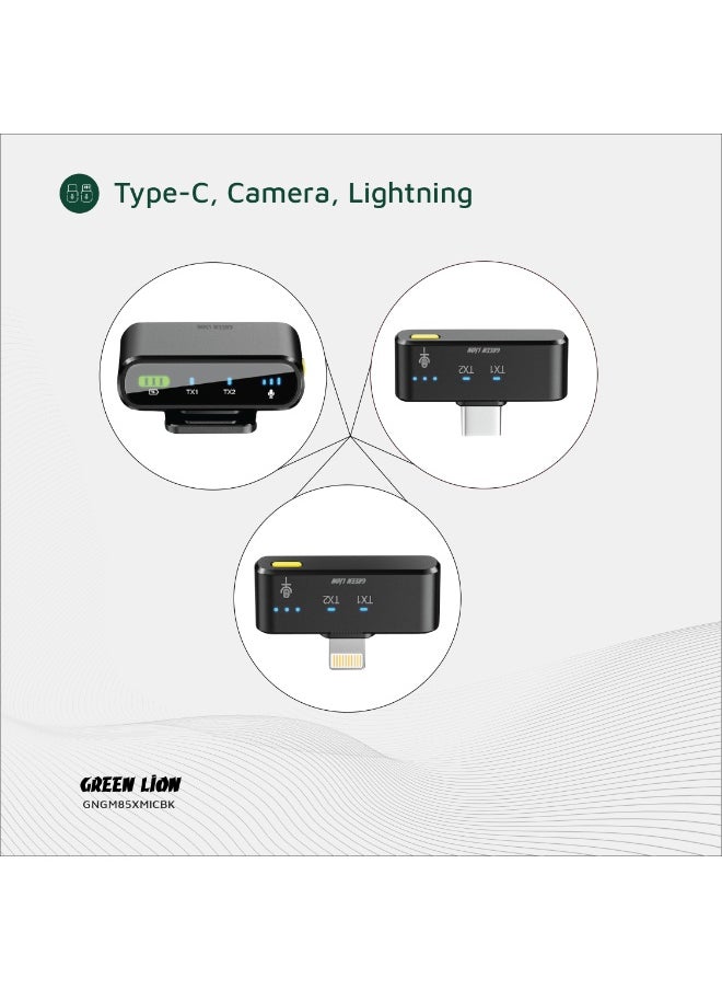 GREEN LION - 3 In 1 Microphone GM-85X / LED Display / Noise Reduction Mode / Includes: Type-C, Camera, Lightning Receiver/ 360° Omnidirectional / 3-Level Volume / Ultra-Mini Microphone - Black - Image 1