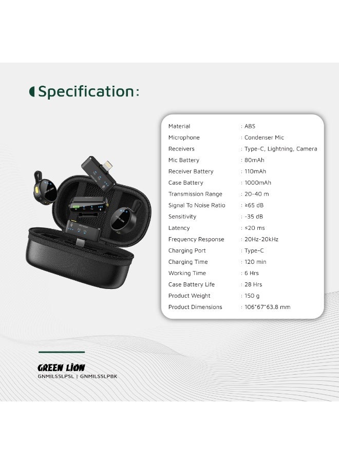 GREEN LION - 3 In 1 Microphone GM-85X / LED Display / Noise Reduction Mode / Includes: Type-C, Camera, Lightning Receiver/ 360° Omnidirectional / 3-Level Volume / Ultra-Mini Microphone - Black - Image 1