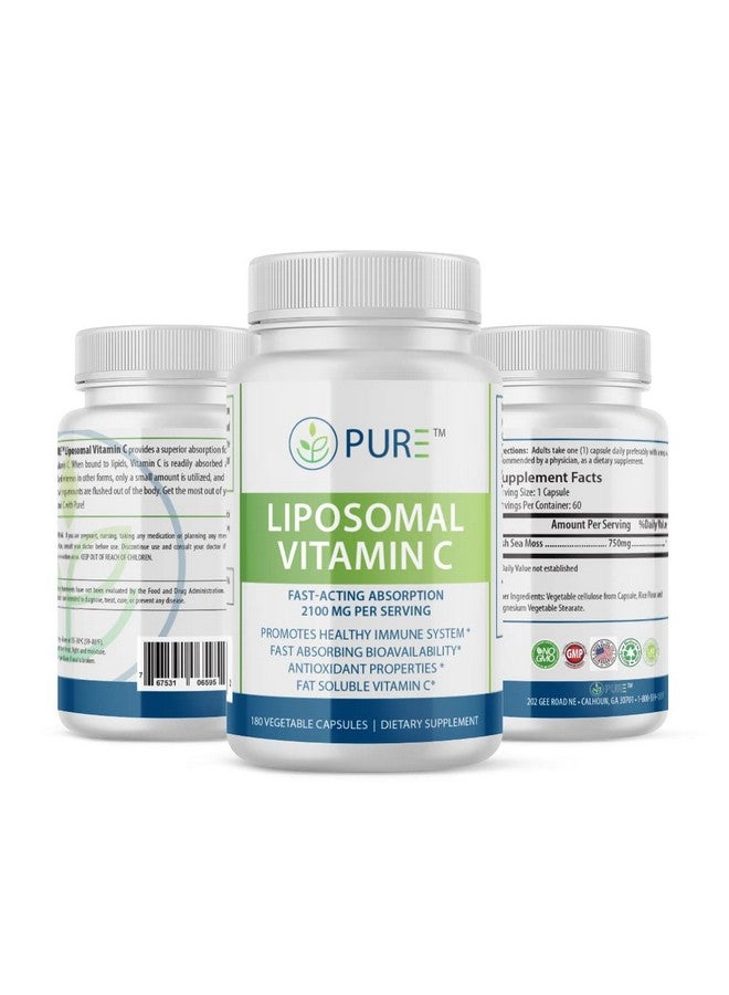 PURE Liposomal Vitamin C Capsules, 2100mg, Sunflower Lecithin, 180 Capsules, 60-Day Supply, Immune & Antioxidant Support - Image 1