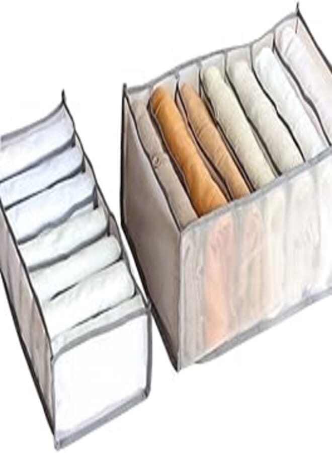 2PCS Washable Wardrobe Clothes Organizer,Foldable Closet Drawer Organizer Clothes, 7 Grids Jeans Compartment Storage Box,Drawer Mesh Separation Box(Gray,Large Small)