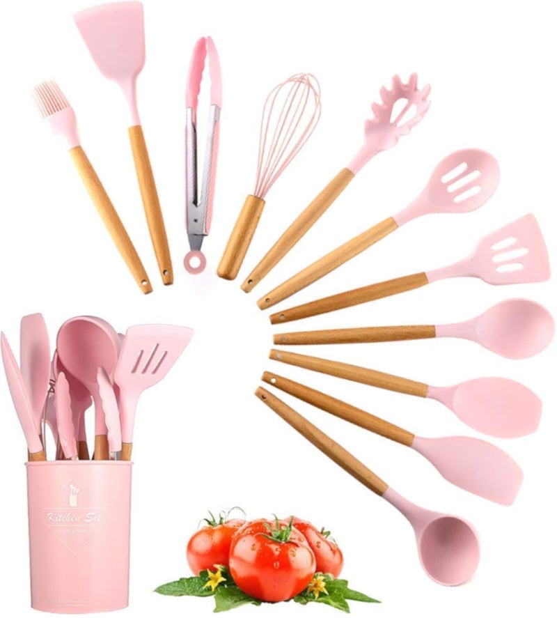 Kitchen Utensil Sets of 11 Pcs, Silicone Cooking Utensils Set Tools & Gadgets Holders Spatula Turner Whisks Spoon Rest for Home Use (11 Set -Pink)111673
