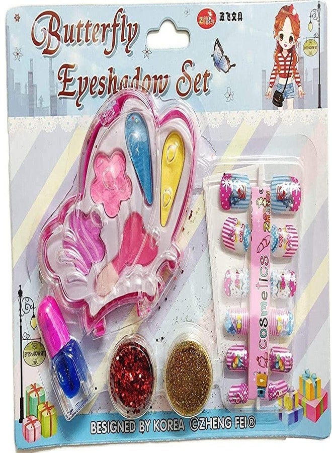 Arpit Mart Combo of 2 Pcs. Nail Art and Eye Shadow Kit for Kids Girls with 12 Artificial Nails with Tools and Glitters / Home Salon / Birthday Gift for Girls (Random Cute Nail Designs) - Image 1