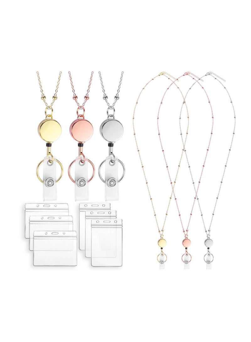 Stylish 3-Pack Badge Lanyards with 6 Badge Holders - Perfect Mother's Day Gift for Women, Men, and Girls - Retractable ID Badge Lanyards in Gold and Rose Gold and White