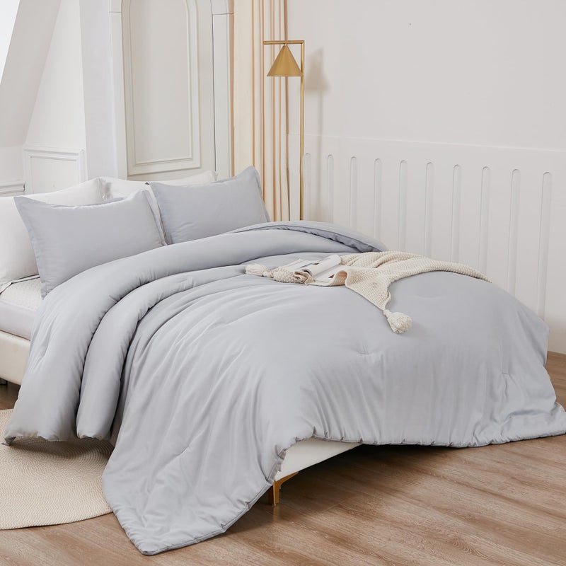 Litanika Light Grey Comforter Queen Size  3 Pieces Lightweight Solid Bedding Comforter Set  All Season Fluffy Bed Set (90x90In Comforter & 2 Pillowcases) - Image 2