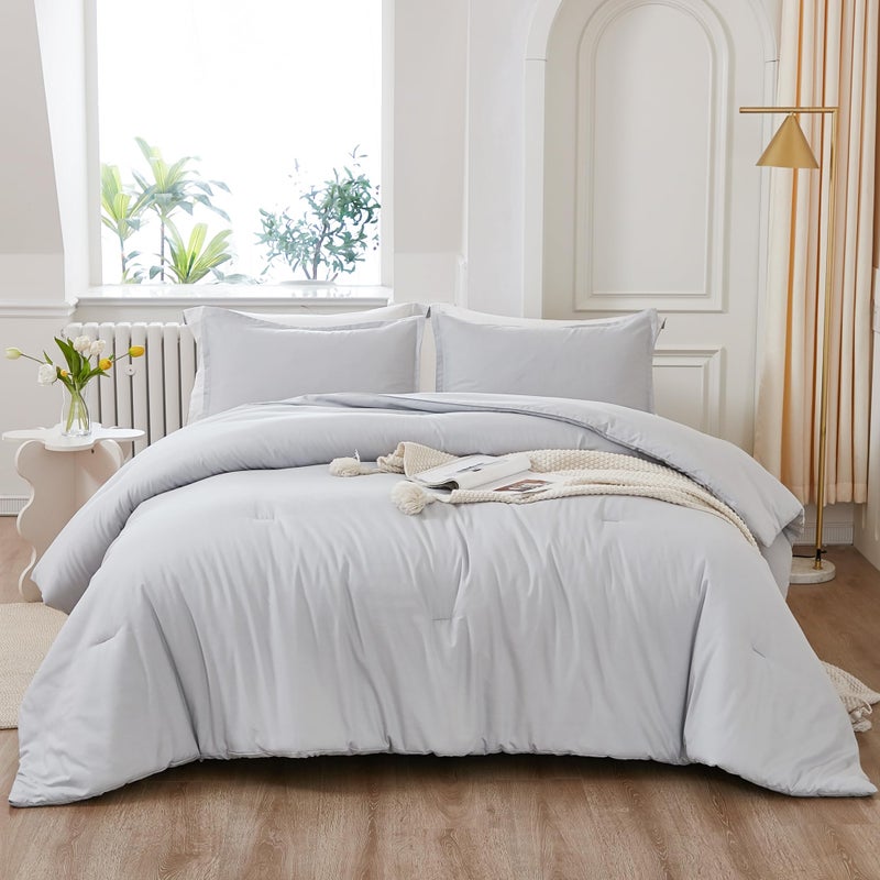 Litanika Light Grey Comforter Queen Size  3 Pieces Lightweight Solid Bedding Comforter Set  All Season Fluffy Bed Set (90x90In Comforter & 2 Pillowcases) - Image 3