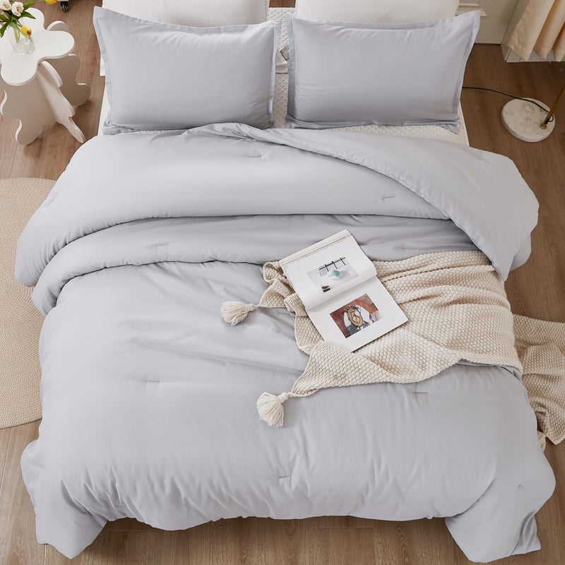Litanika Light Grey Comforter Queen Size  3 Pieces Lightweight Solid Bedding Comforter Set  All Season Fluffy Bed Set (90x90In Comforter & 2 Pillowcases) - Image 4