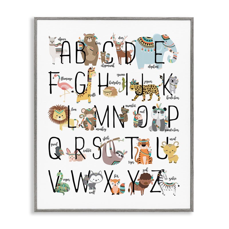 Stupell Industries Boho Animal ABCs Grey Framed Wall Art 16x20 Design by Artist Erica Billups