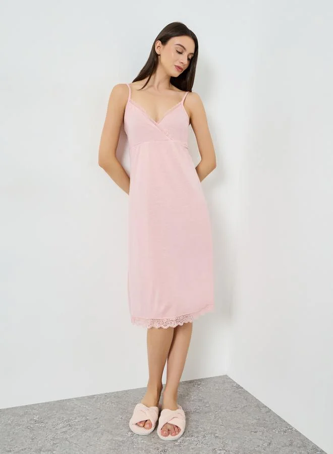 Styli Pink Lace Trim Cross Over V Neck Slip Dress