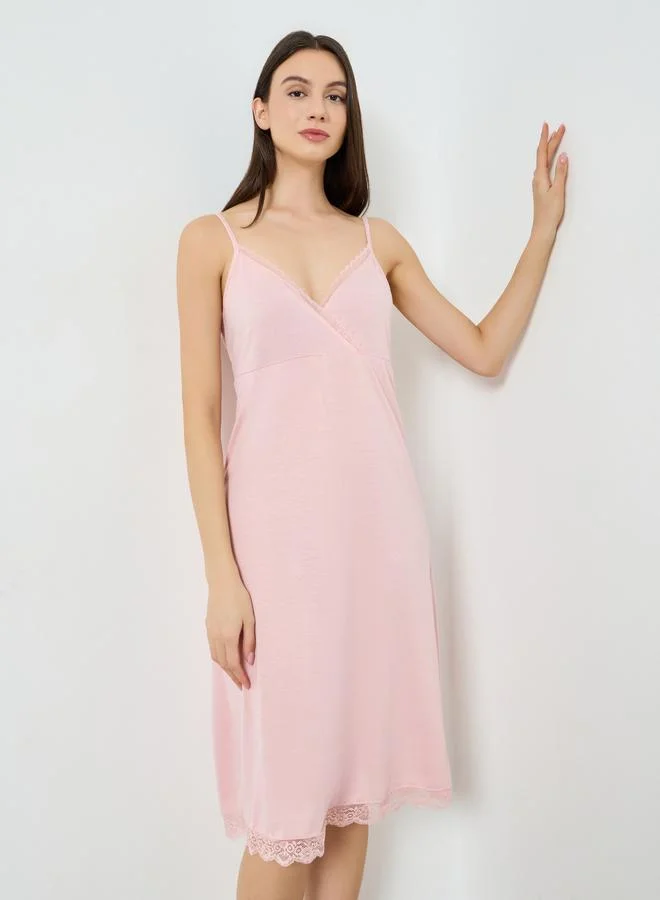 Styli Pink Lace Trim Cross Over V Neck Slip Dress