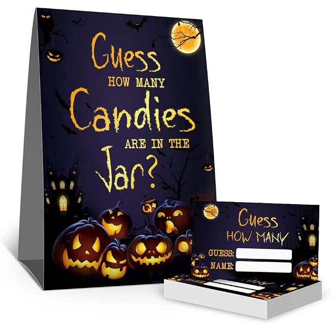 HIWERAN Halloween Guess How Many Candies Game Cards Kit - Funny Pumpkin Party Raffle Ticket, Gag Activities Decorations - 1 Standing Sign + 50 Guessing Cards - Image 1