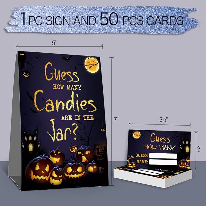 HIWERAN Halloween Guess How Many Candies Game Cards Kit - Funny Pumpkin Party Raffle Ticket, Gag Activities Decorations - 1 Standing Sign + 50 Guessing Cards - Image 3
