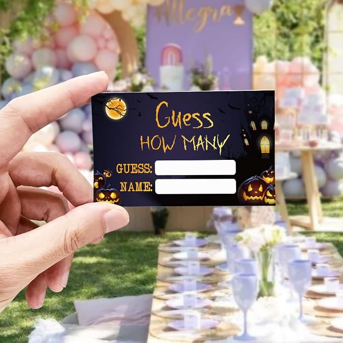 HIWERAN Halloween Guess How Many Candies Game Cards Kit - Funny Pumpkin Party Raffle Ticket, Gag Activities Decorations - 1 Standing Sign + 50 Guessing Cards - Image 2