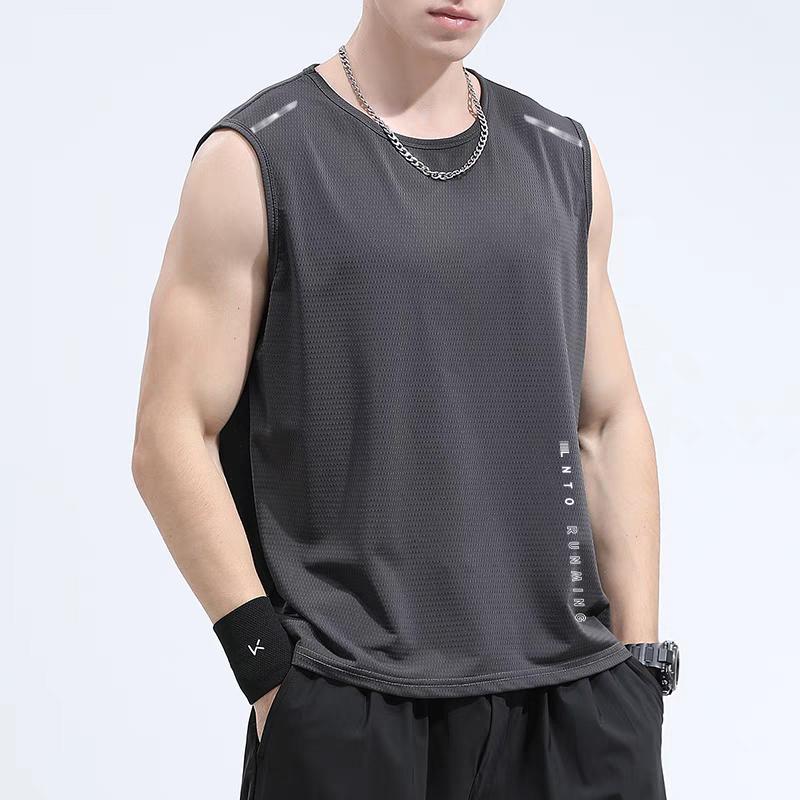Ice Silk Vest Mens Trendy Thin Breathable Quick-drying Sports Leisure Wide Waistcoat Mens Round Neck Sleeveless T-shirt for Summer Pure gray [two-pole butterfly net vest]]